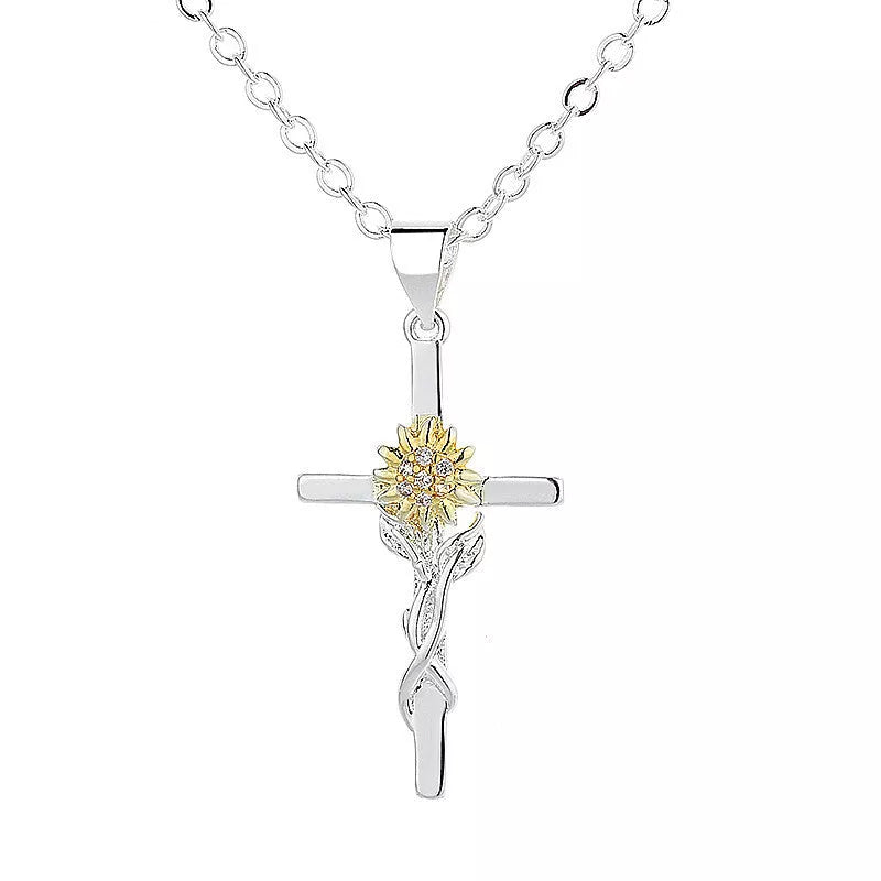 Gold and silver sunflower cross pendant necklace for women, made from durable copper