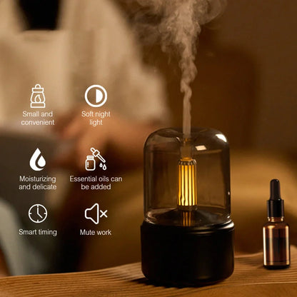 Beige columnar aroma diffuser with candle light simulation, 95x95x150mm dimensions