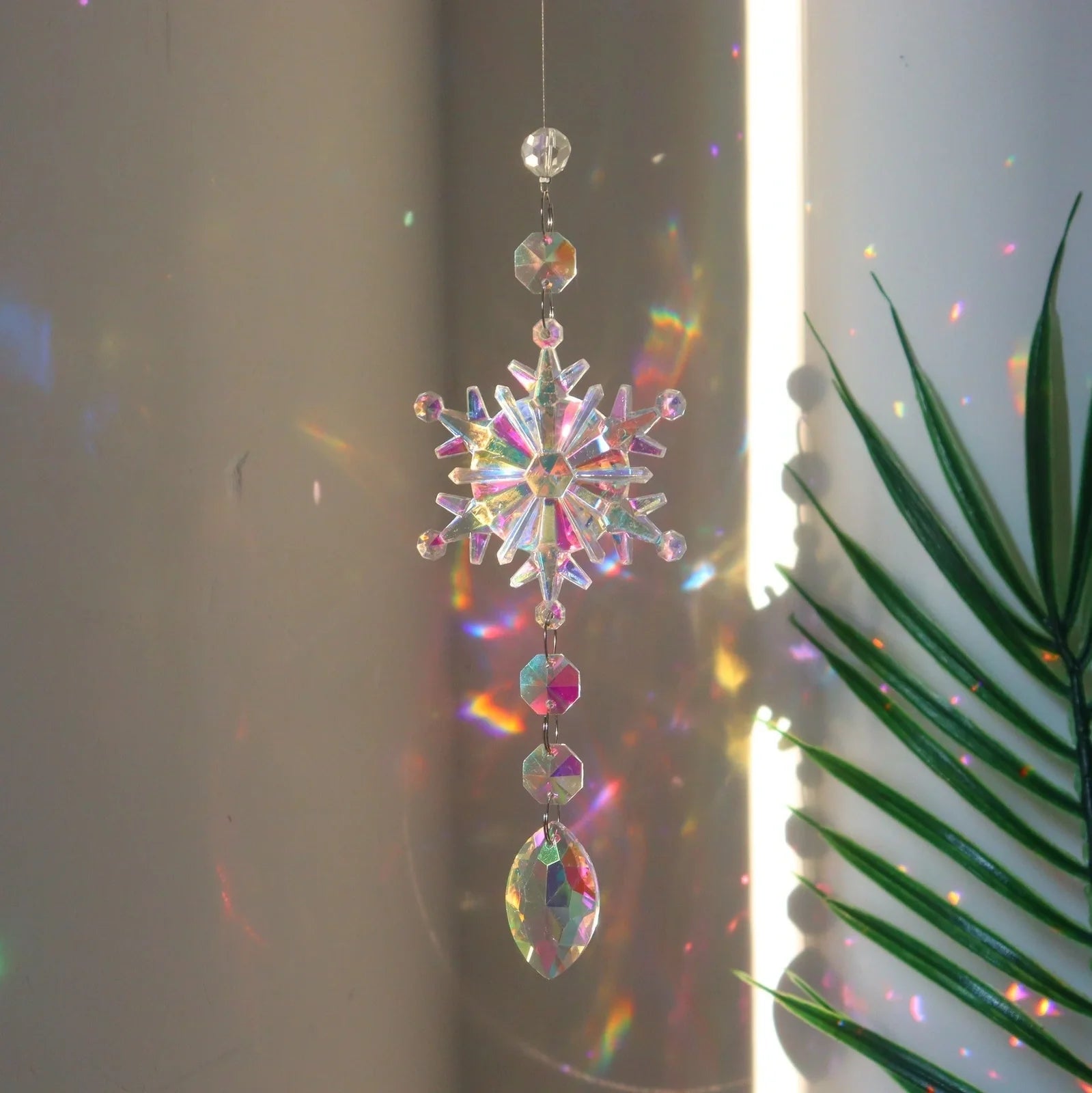 Christmas tree decoration dreamcatcher with AB colour acrylic snowflakes in multiple sizes and shapes