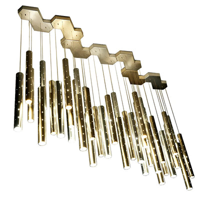 Carved hollow tube bar chandelier with six LED heads in aluminium alloy construction measuring 120cm length
