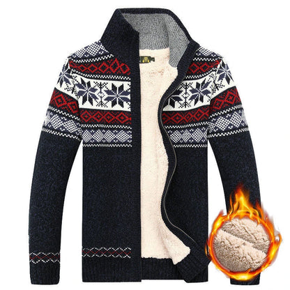 Cozy and stylish men's velvet cardigan sweater in blue, white, red, and grey colors