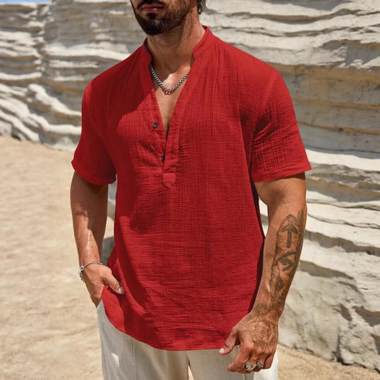 Men's solid colour short-sleeved shirt with stand collar, thin polyester blend fabric, available in black, white, light blue, khaki, navy blue, red, brown.