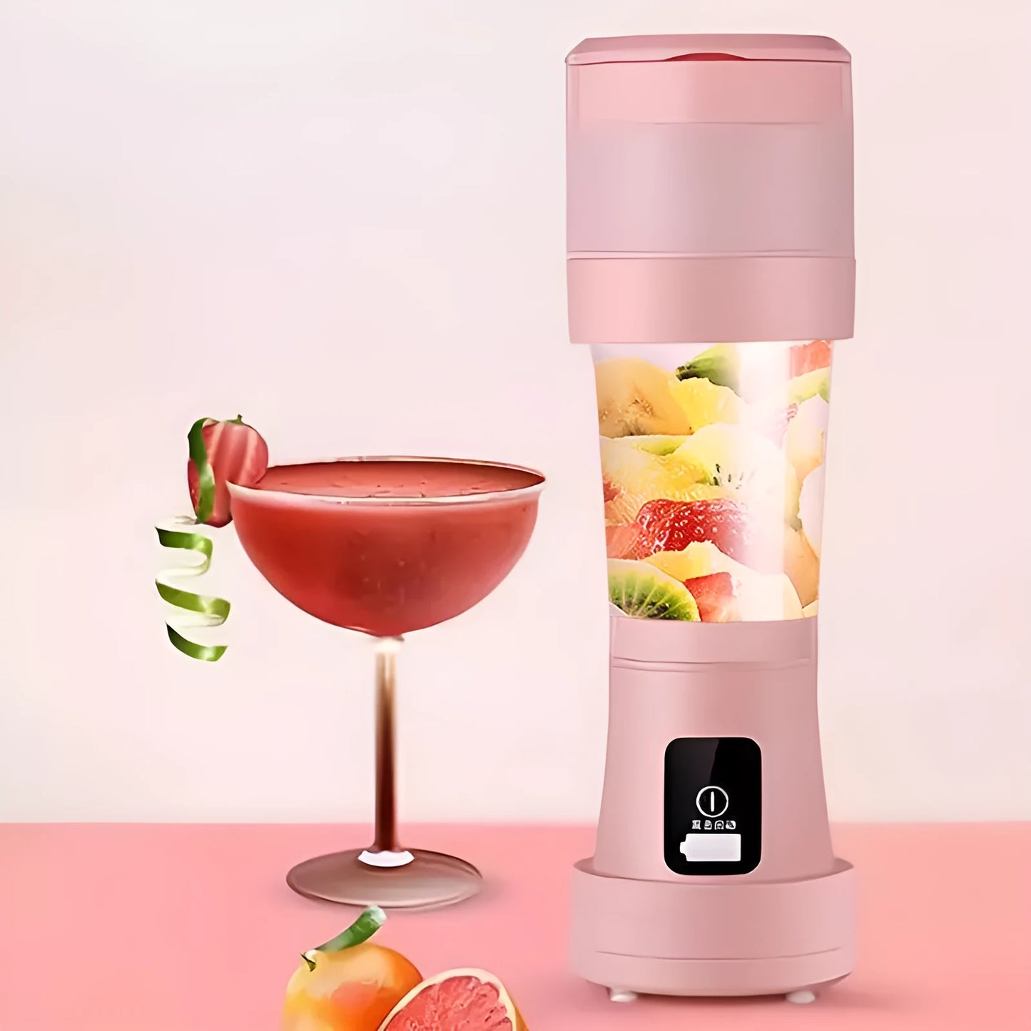 Blue portable mini blender with USB charging cable and measuring 450ml capacity