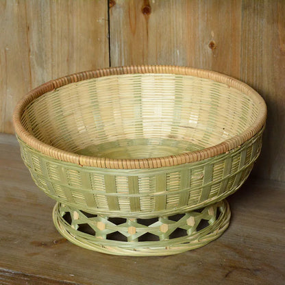 Handmade bamboo storage basket with woven design in 26x8cm, 25x9cm, and 24x12cm sizes on a wooden table