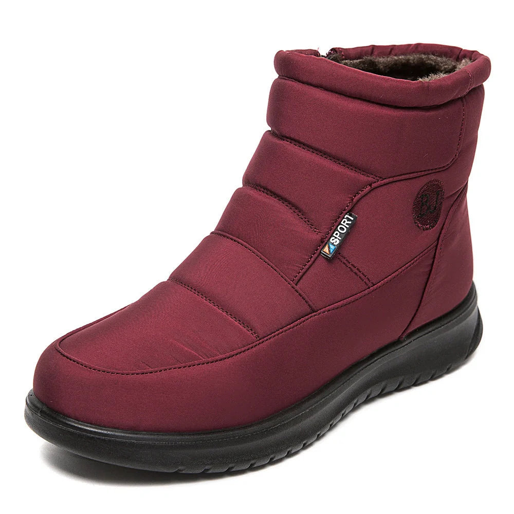 Women's waterproof non-slip winter ankle boots in red, black, and brown