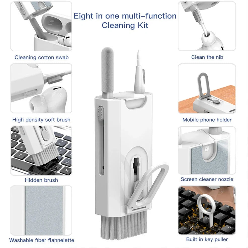 White 8-in-1 cleaning kit with ABS plastic case measuring 9cm showing keyboard, phone, lens, and earbud cleaning tools