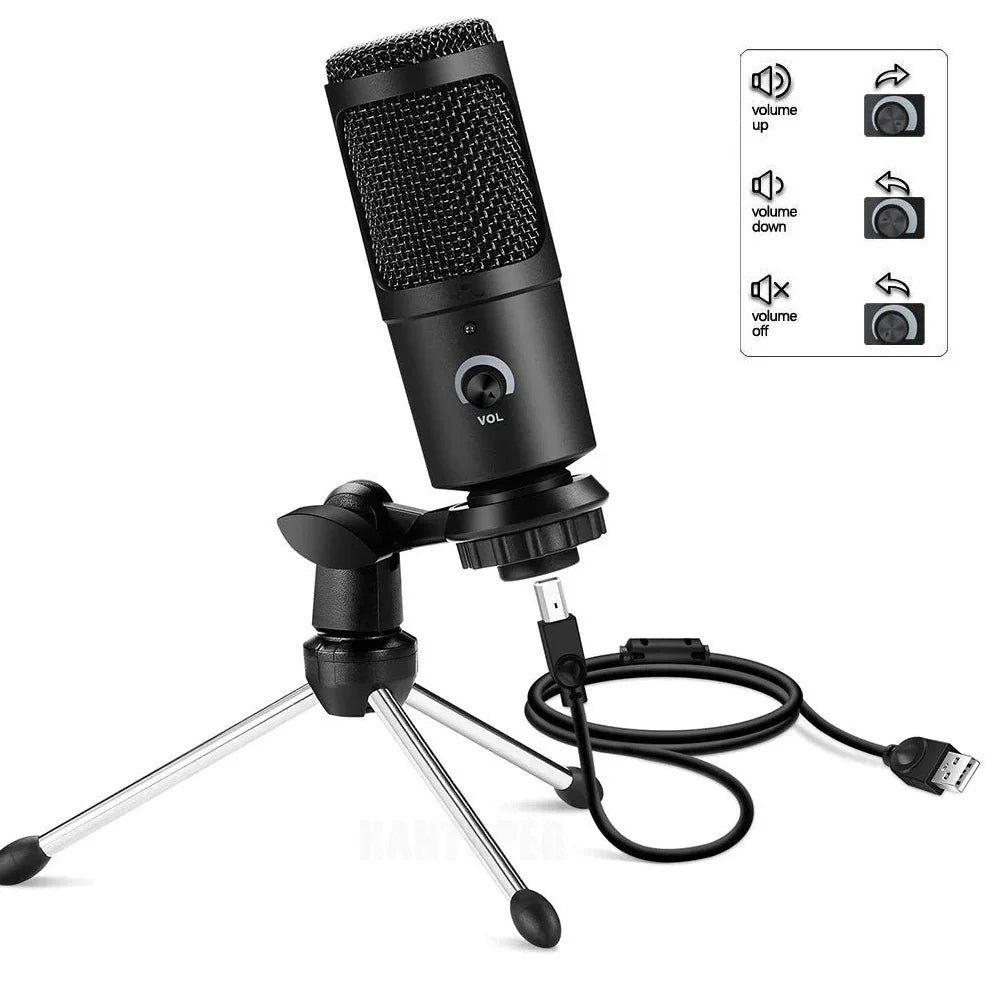 Black wired streaming microphone with 15cm length for desktop and mobile use