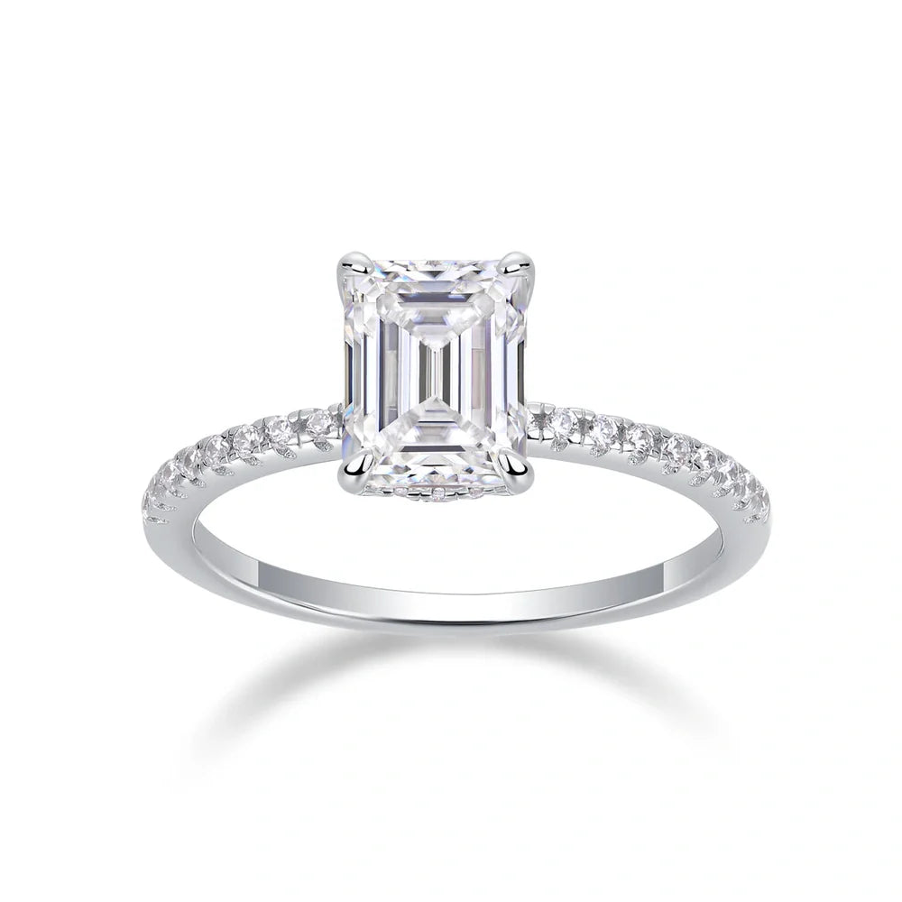 Wedding ring set with octagonal moissanite stones on S925 silver bands with platinum plating