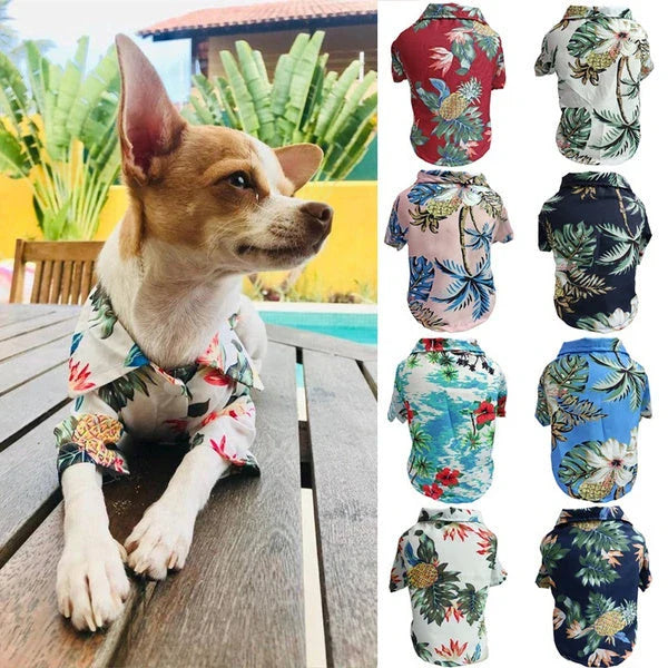 Breathable pet shirts featuring tropical pineapple, coconut tree, and Hawaiian-inspired prints