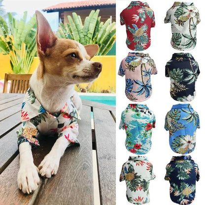 Breathable pet shirts featuring tropical pineapple, coconut tree, and Hawaiian-inspired prints