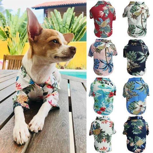 Breathable pet shirts featuring tropical pineapple, coconut tree, and Hawaiian-inspired prints
