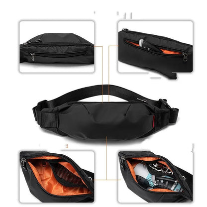 Black Oxford cloth waist pack measuring 12cm high by 27cm wide with crossbody strap and zipper closure