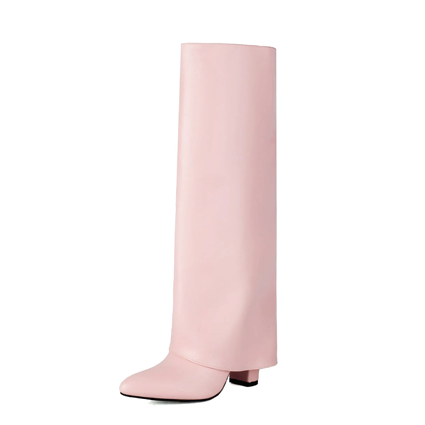 Women's plus size black high heel boot with high shaft and sewing line detailing on artificial PU material.