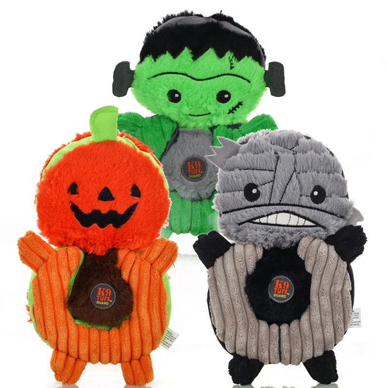 Halloween Witch Devil Pumpkin Pet Training Squeak Toys for Dogs in green, orange, and gray
