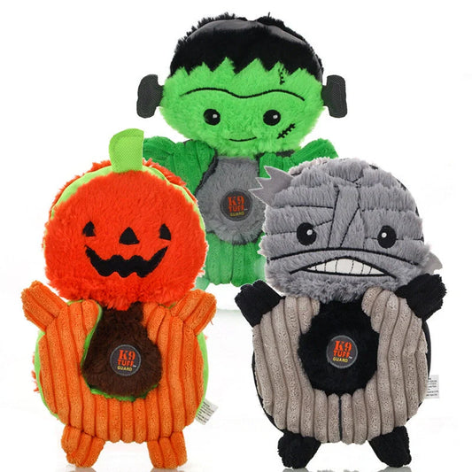 Halloween Witch Devil Pumpkin Pet Training Squeak Toys for Dogs in green, orange, and gray