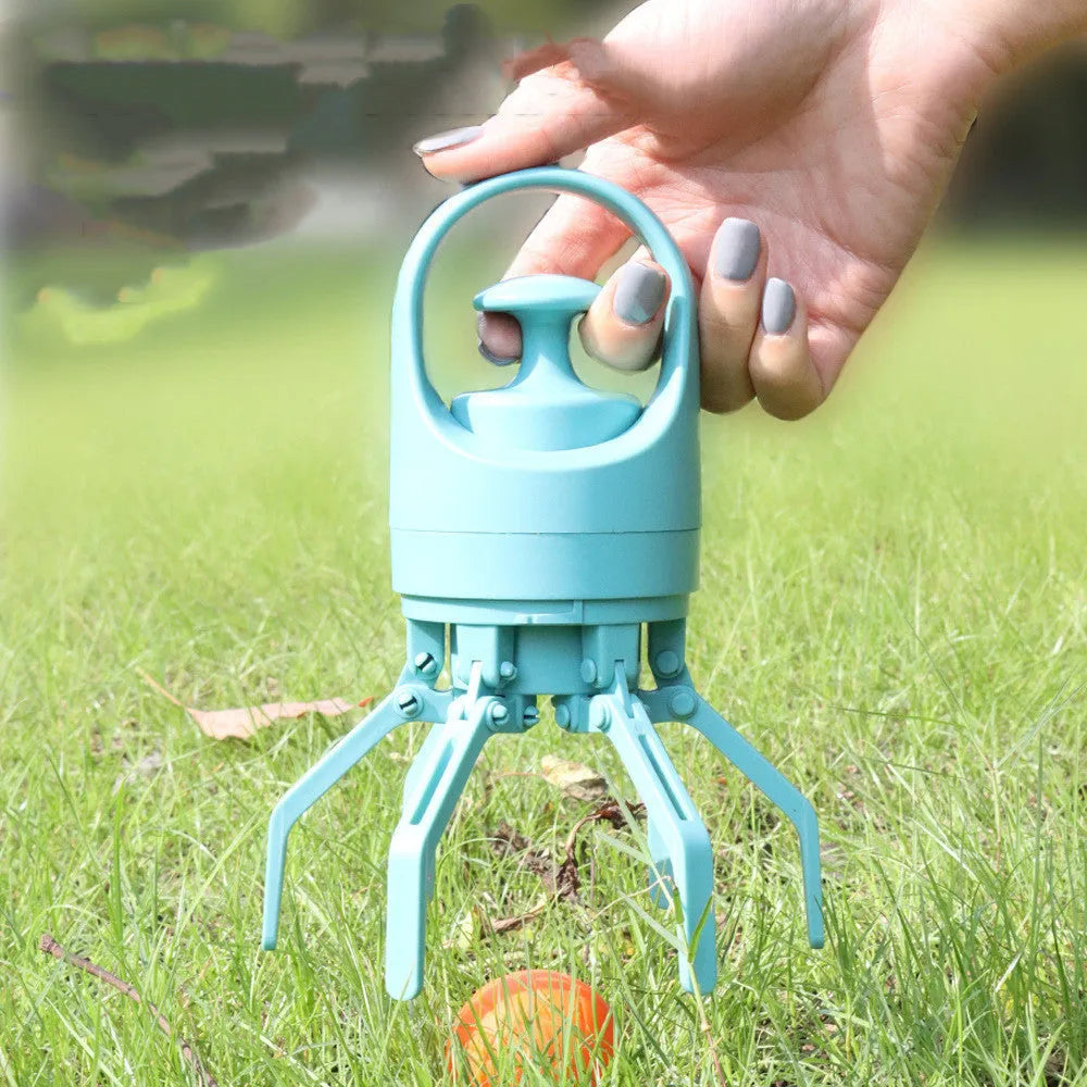 Blue portable plastic dog pooper scooper with eight-claw shovel and built-in bag dispenser