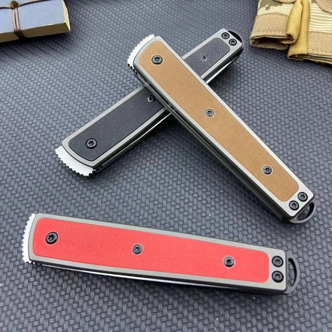Folding fruit knife with 7cm stainless steel blade shown open and closed, available in black, red, or coffee colour finishes