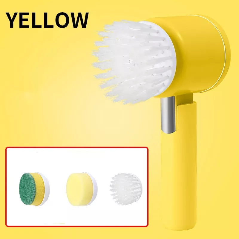 Foldable electric cleaning brush with three interchangeable heads in green, white, and yellow colors