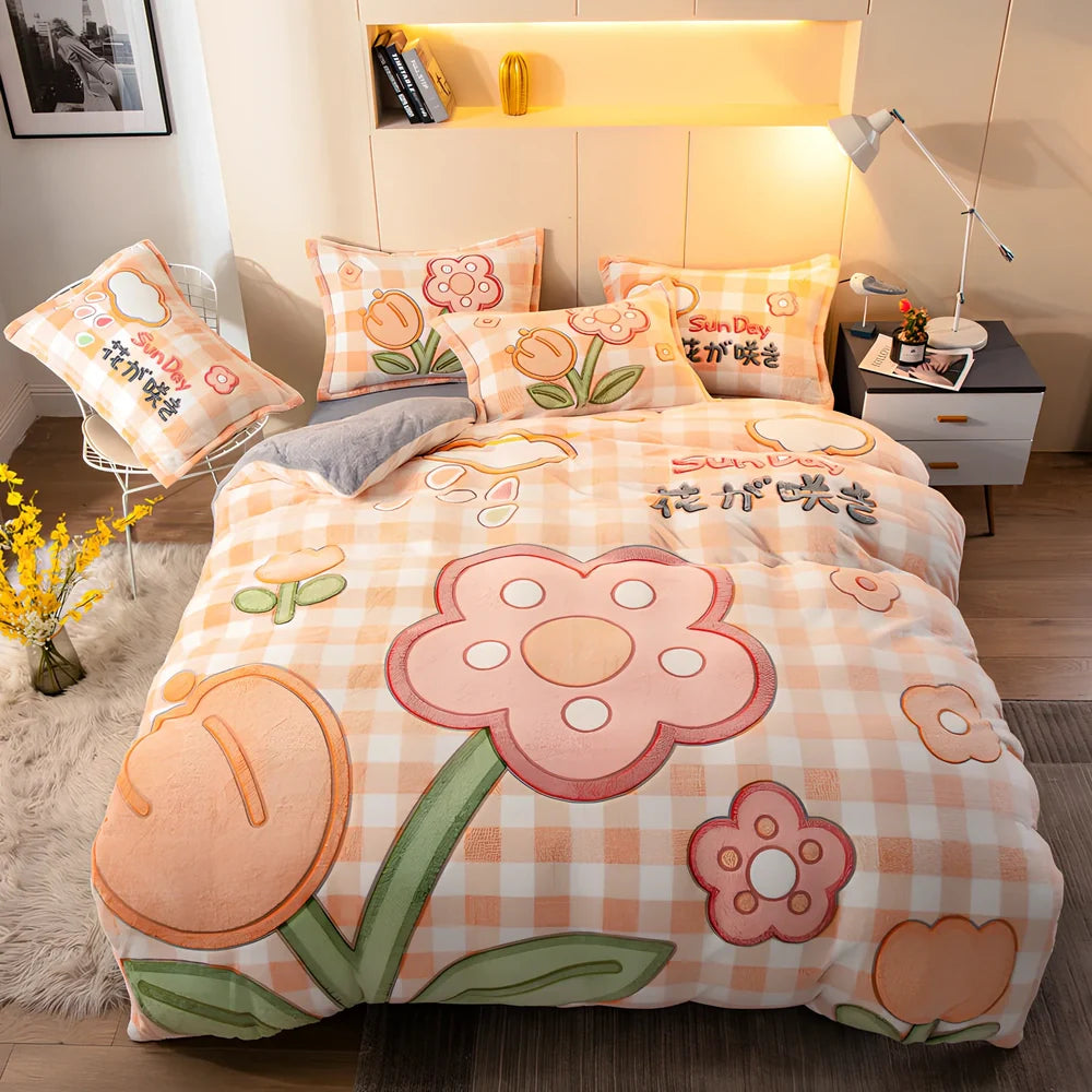 Four-piece velvet bedding set with quilt cover, bed sheet, and pillowcases for 1.8m bed in Bunny colour