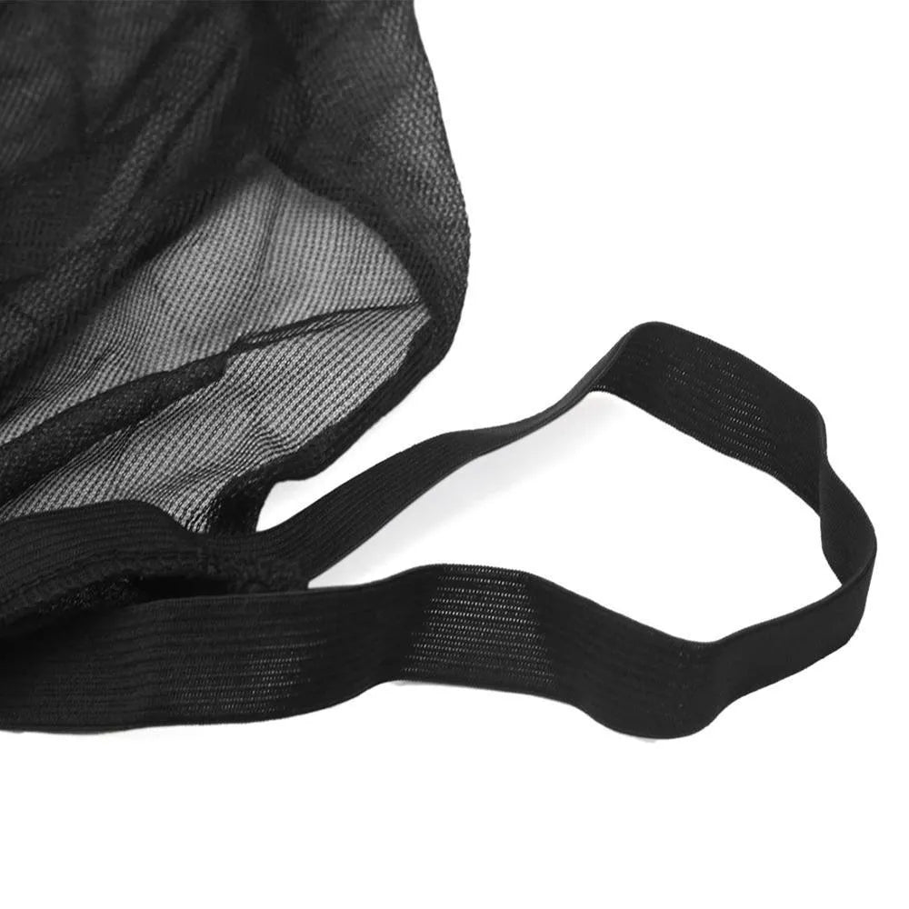 Stretch-fit mesh sunshades installed on a car's front and rear side windows for sun and insect protection.