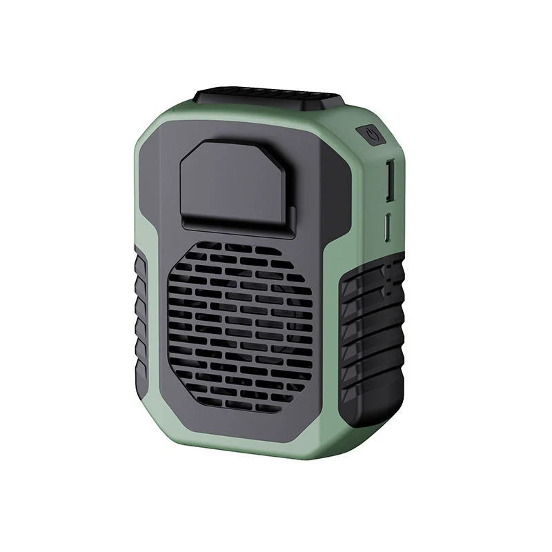 Portable waist fan with USB charging in green, black, and orange colors