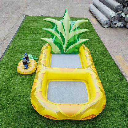 Yellow pineapple-shaped inflatable pool float with drink holder and ergonomic headrest design