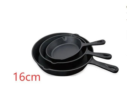 Cast iron frying pan with non-stick surface, flat bottom, sizes 16cm, 20cm and 25cm, shown without lid