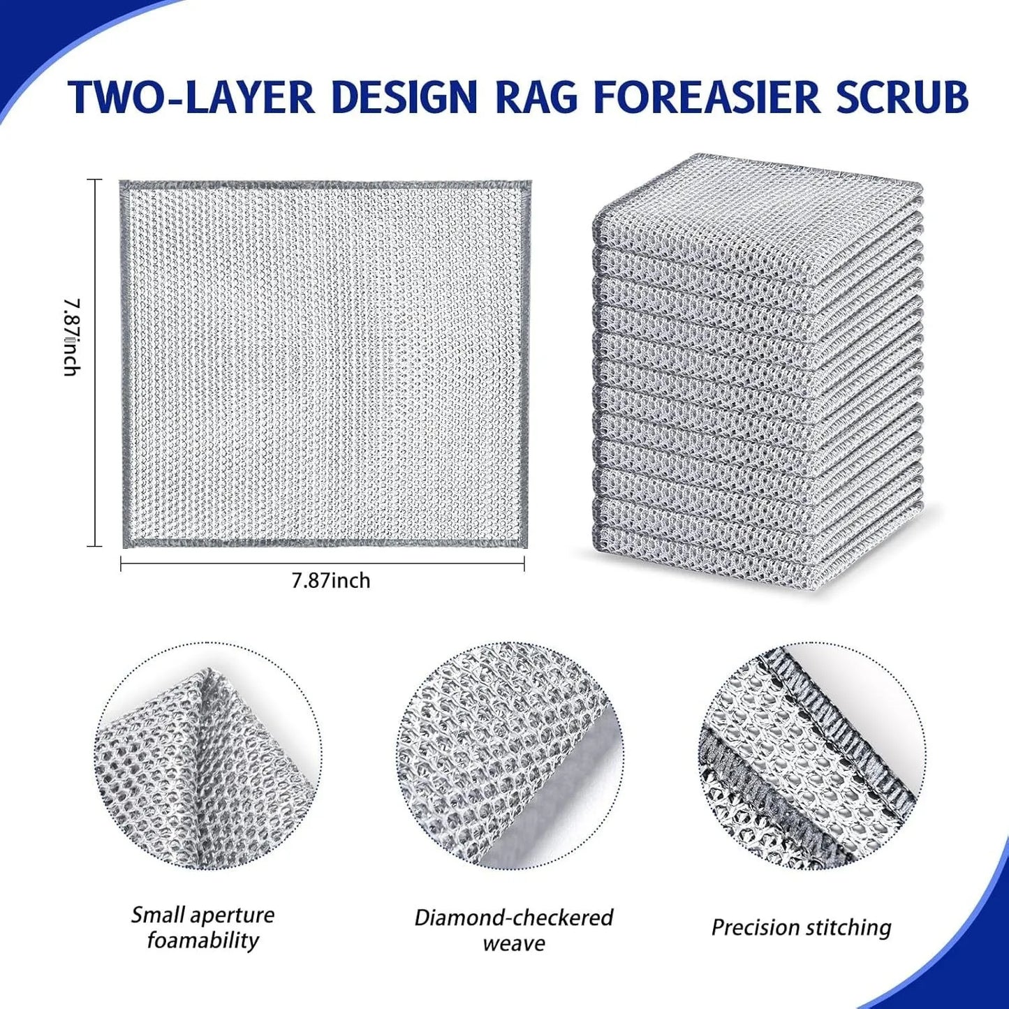 Silver silk rag with steel wire core for cleaning pots and bowls, double-sided design, 20x20cm or 25x25cm size