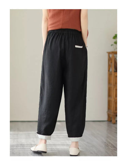 Loose large size slimming high waist pants in black, brown, and linen colors