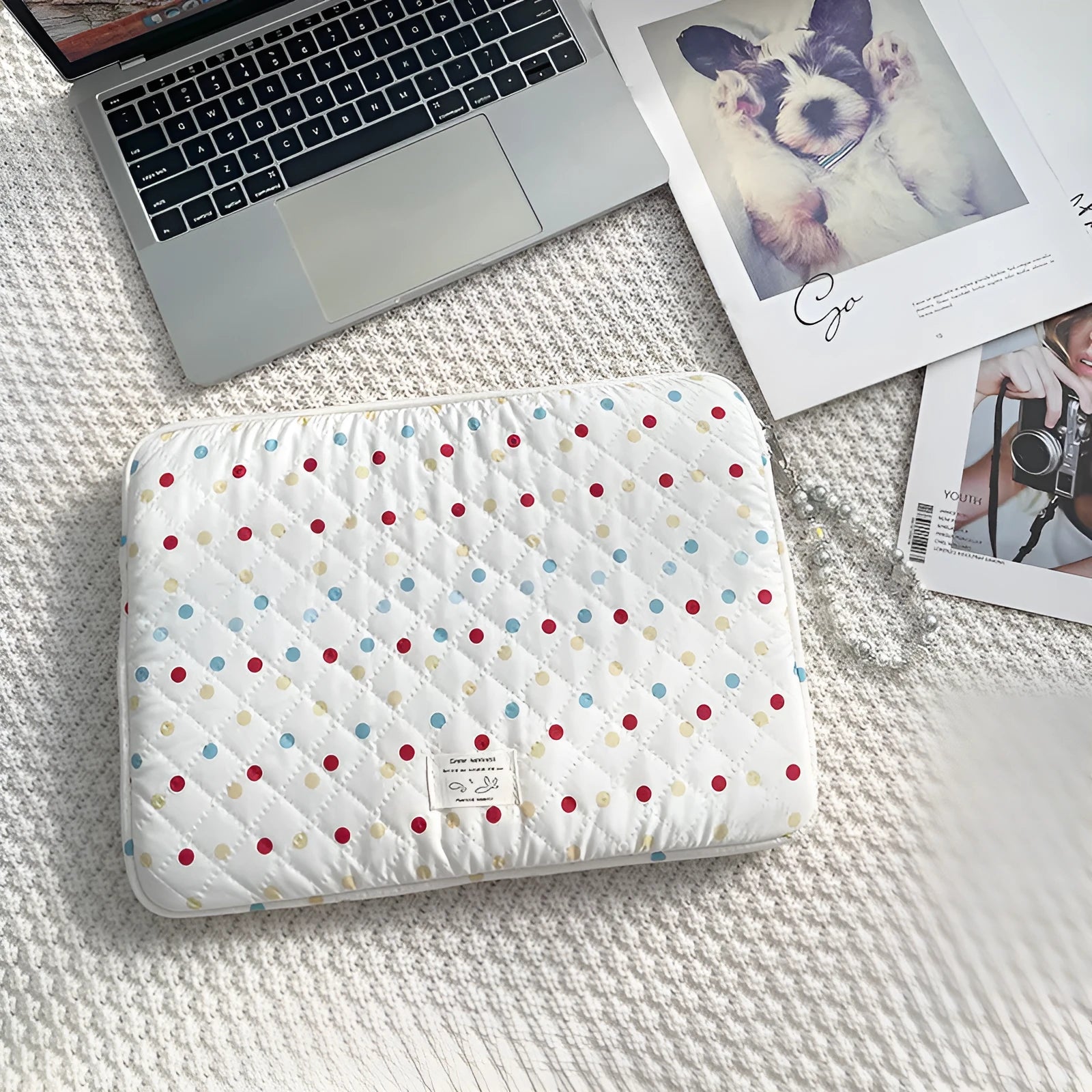 Women's solid colour polka dot polyester laptop bag shown in 11-inch, 13-14-inch, and 15-15.6-inch size options.