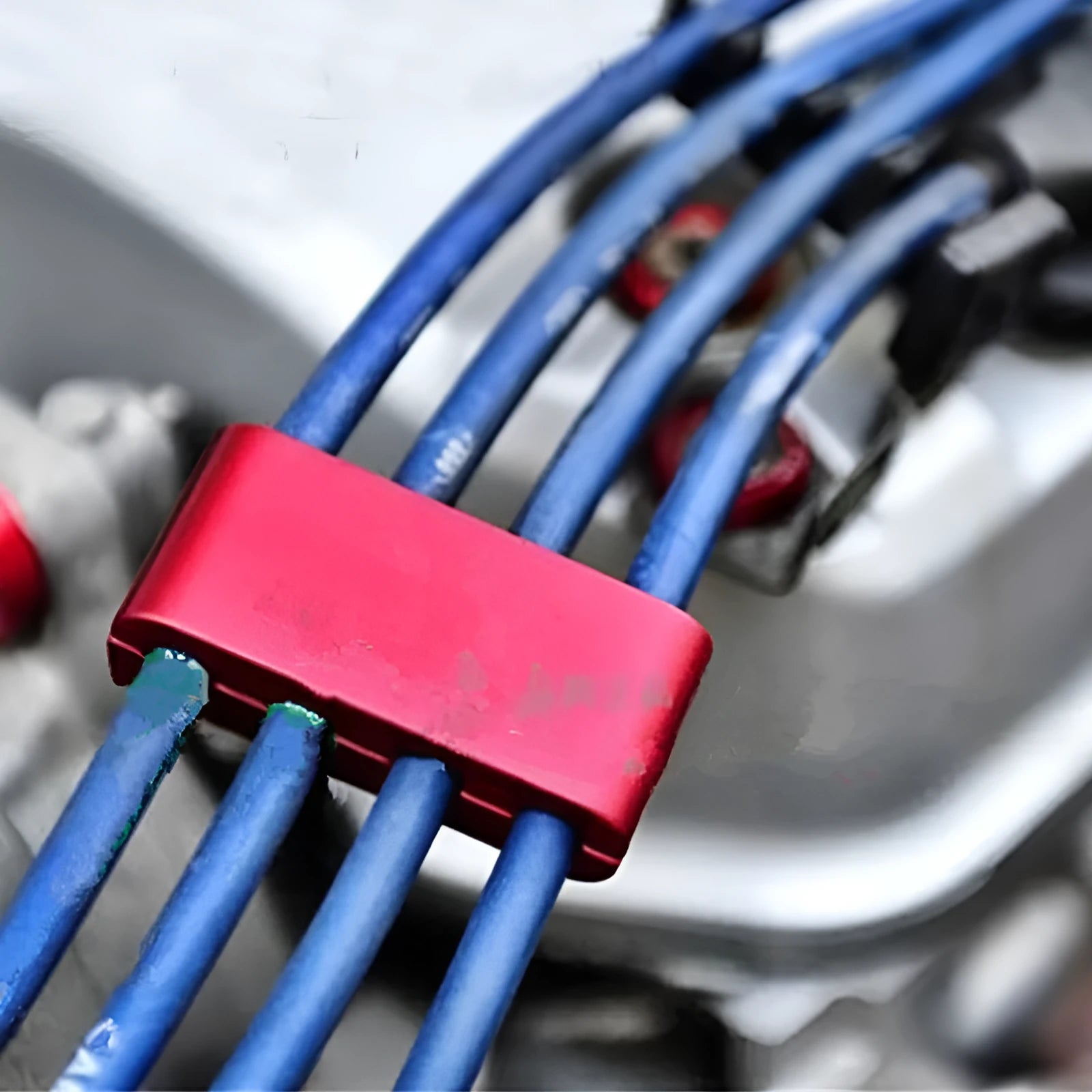 Three-piece metal car fastening clamp shown in six colour options: red, blue, silver, black, purple, gold.