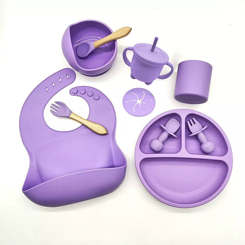 10-piece baby feeding silicone tableware set in various colors, safe and durable for first meals