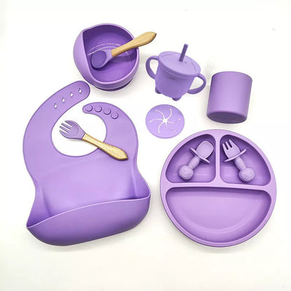 10-piece baby feeding silicone tableware set in various colors, safe and durable for first meals