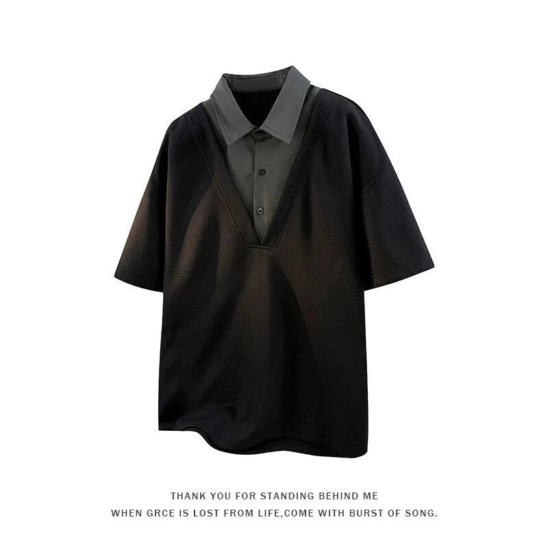 Men's heavy Henry collar polo shirt sweater in thin knit Spandex with padded detail, short sleeve pullover design