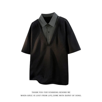 Men's heavy Henry collar polo shirt sweater in thin knit Spandex with padded detail, short sleeve pullover design