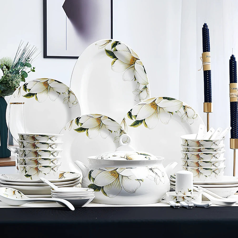 Bone china bowl and saucer set with overglaze rim patterns in Swan Lake design, 28-head configuration