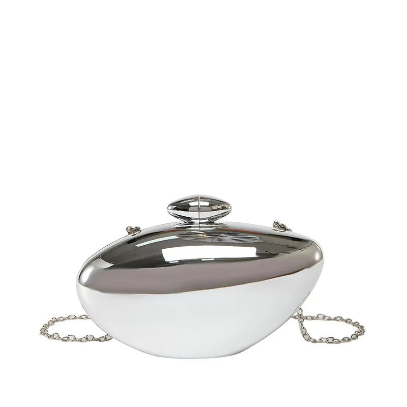 Oval shell goose egg acrylic evening bag with chain shoulder strap, hard outer and mobile phone bag section