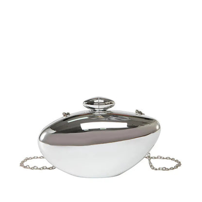 Oval shell goose egg acrylic evening bag with chain shoulder strap, hard outer and mobile phone bag section