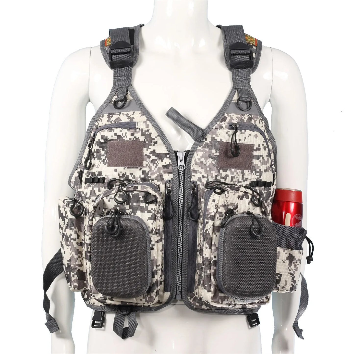 Fishing life jacket with removable EPE foam inserts, 10 pockets, adjustable straps, and reflective panels for water safety