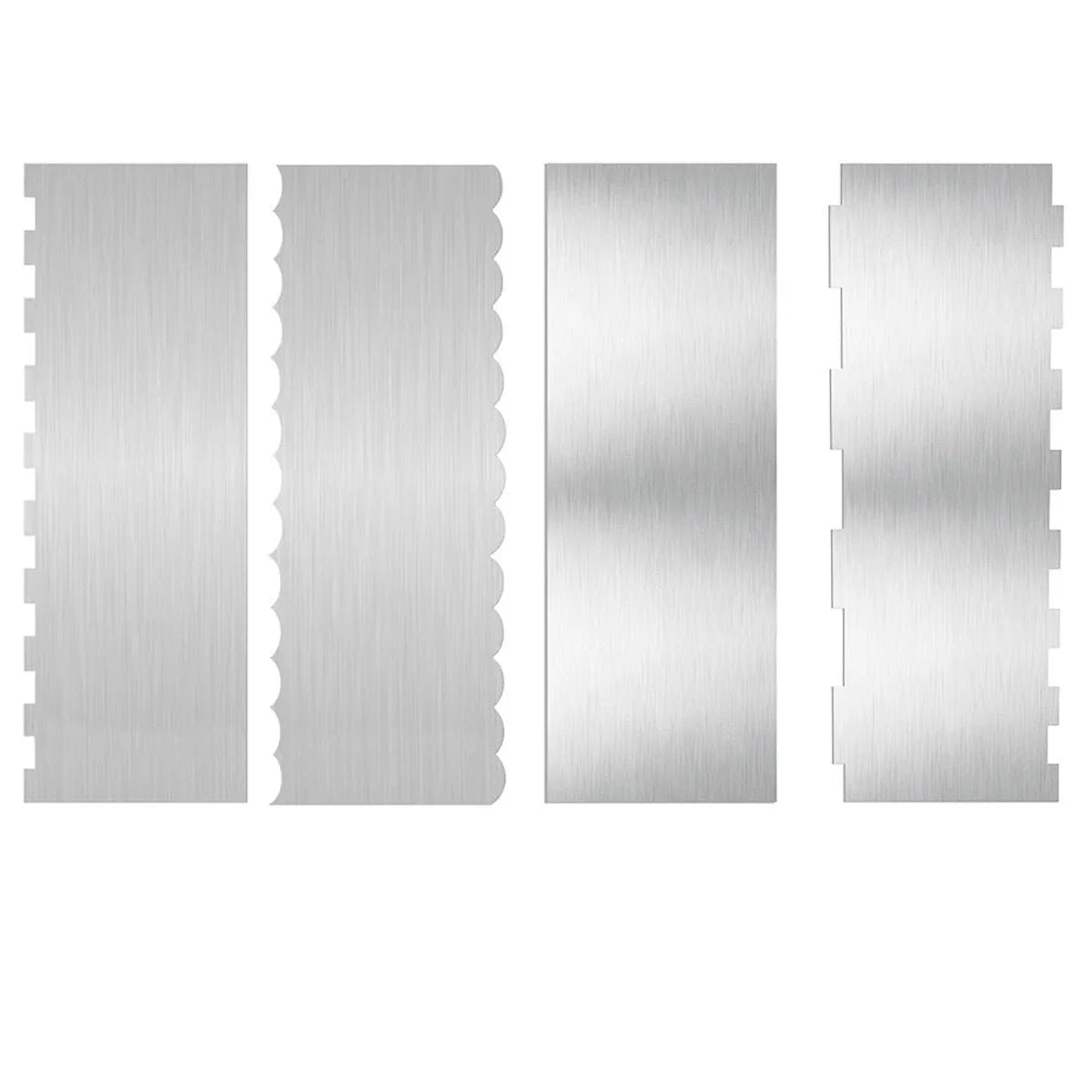 Stainless steel cream scraper with polygon patterns for cake decorating showing six different texture options