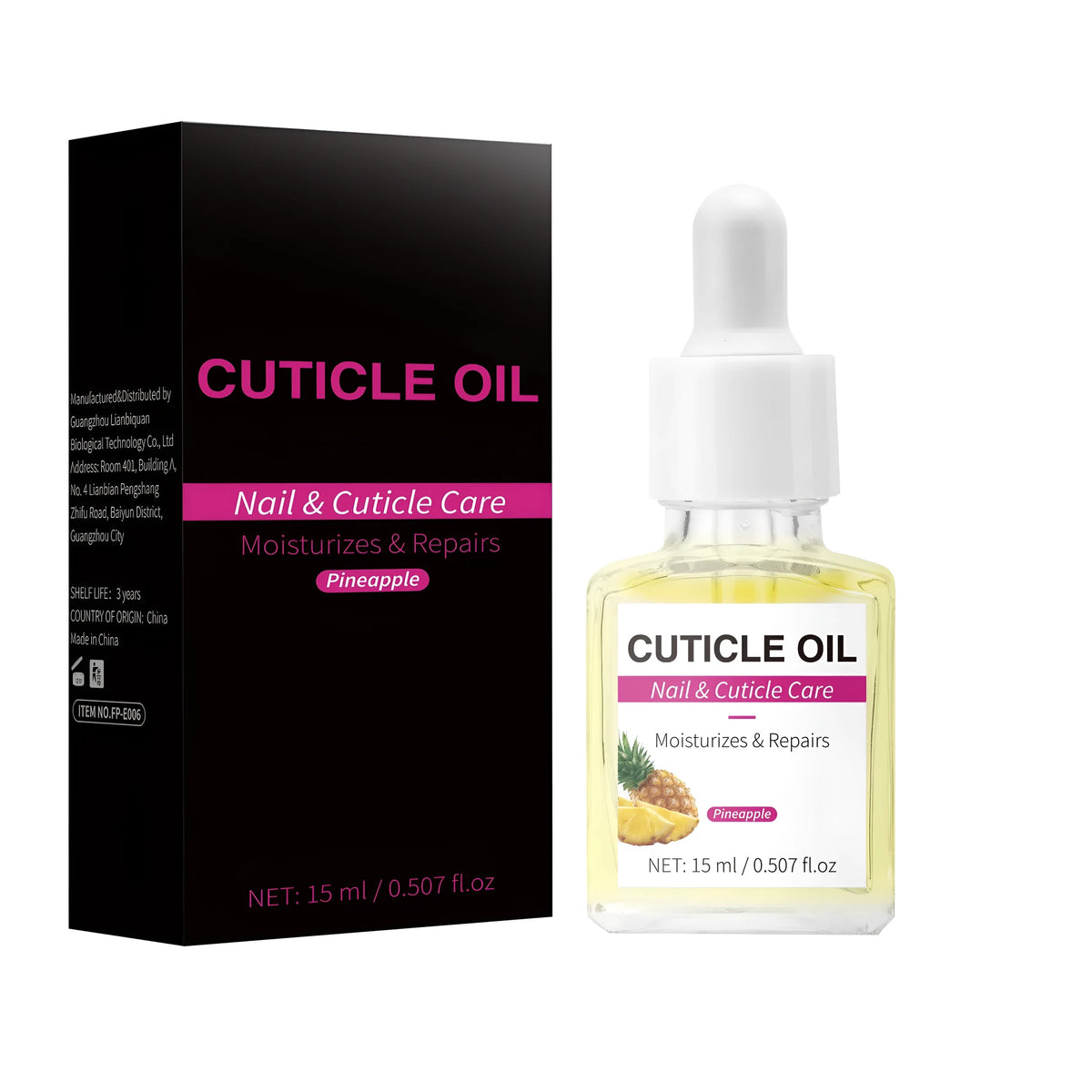 15ml bottle of moisturising nail cuticle oil with a dropper applicator on a white background.