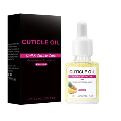 15ml bottle of moisturising nail cuticle oil with a dropper applicator on a white background.