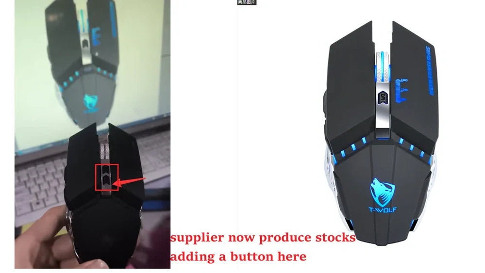 Wireless gaming mouse with RGB lighting in black colour showing six programmable buttons and scroll wheel