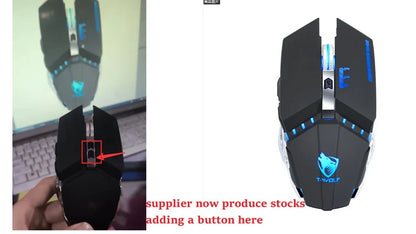 Wireless gaming mouse with RGB lighting in black colour showing six programmable buttons and scroll wheel