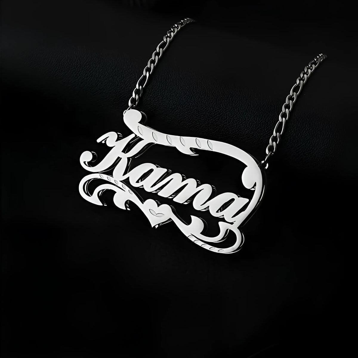 Custom name necklace with double-layer wave heart pendant in gold or silver stainless steel