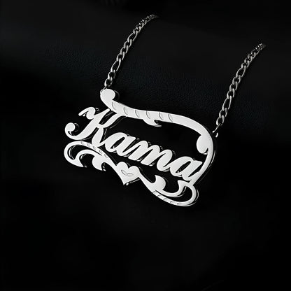 Custom name necklace with double-layer wave heart pendant in gold or silver stainless steel