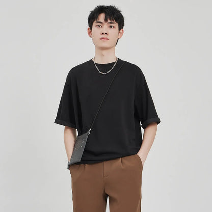 Men's loose drape knit casual t-shirt in solid colour with short sleeves