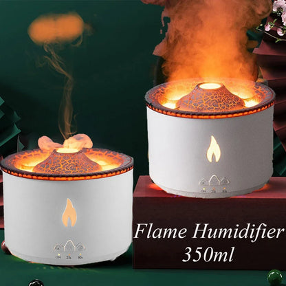 Black columnar ultrasonic humidifier producing jellyfish smoke rings with flame lighting effect