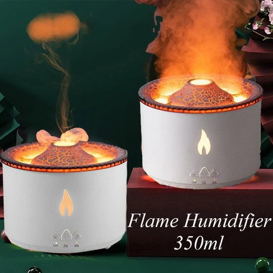 Black columnar ultrasonic humidifier producing jellyfish smoke rings with flame lighting effect