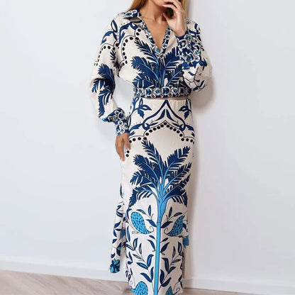 Flower pattern spring casual set with long sleeve top and matching skirt in polyester fabric